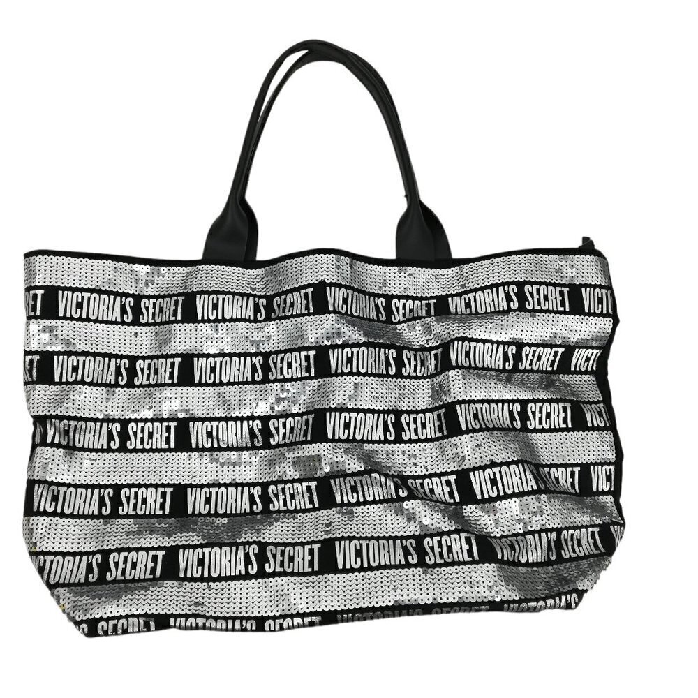 Victorias Secret Sequin Bling Silver Black Canvas Tote Weekender Bag Stripe Logo